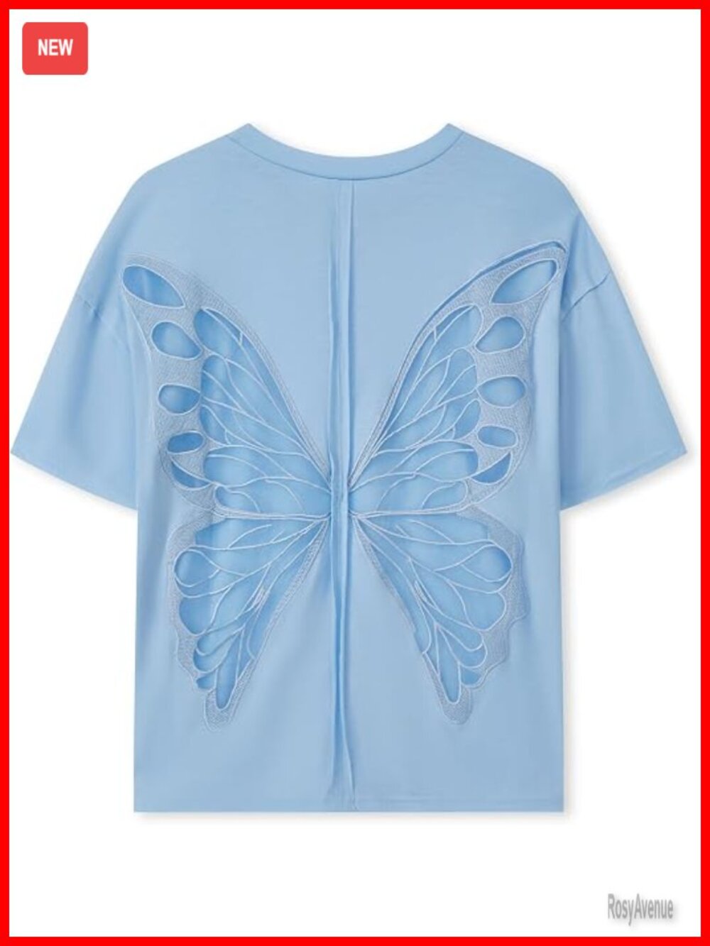 Women Butterfly Lace Cut Out Oversized Crew Neck T-Shirt Embroidered Tee